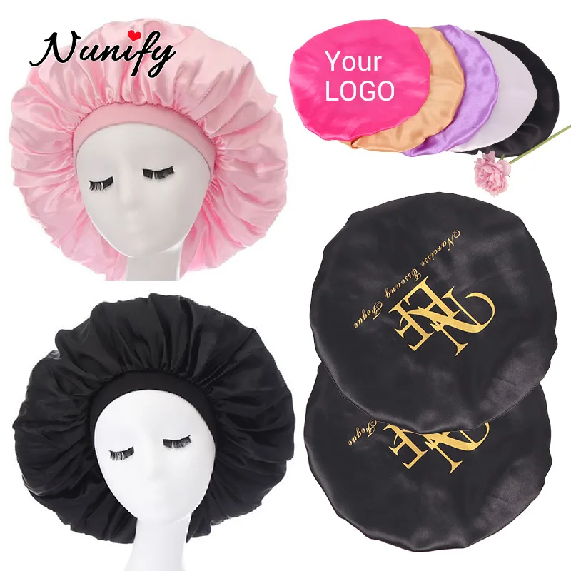 Custom Your Own Logo Wide Edge Satin Bonnet Sleep Caps Satin Lined Hair Bonnets For Women 20Pcs Large Bonnet For Curly Hair