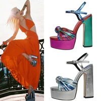 colorful chunky heel platform high heeled fashion sandals with knotted peep toe patent leather womens shoes