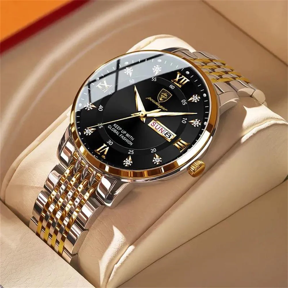 

Watch for Man Stainless Steel Top Band Luxury Push Button Hidden Clasp Waterproof Luminous Date Week Sport Quartz Wrist Watches