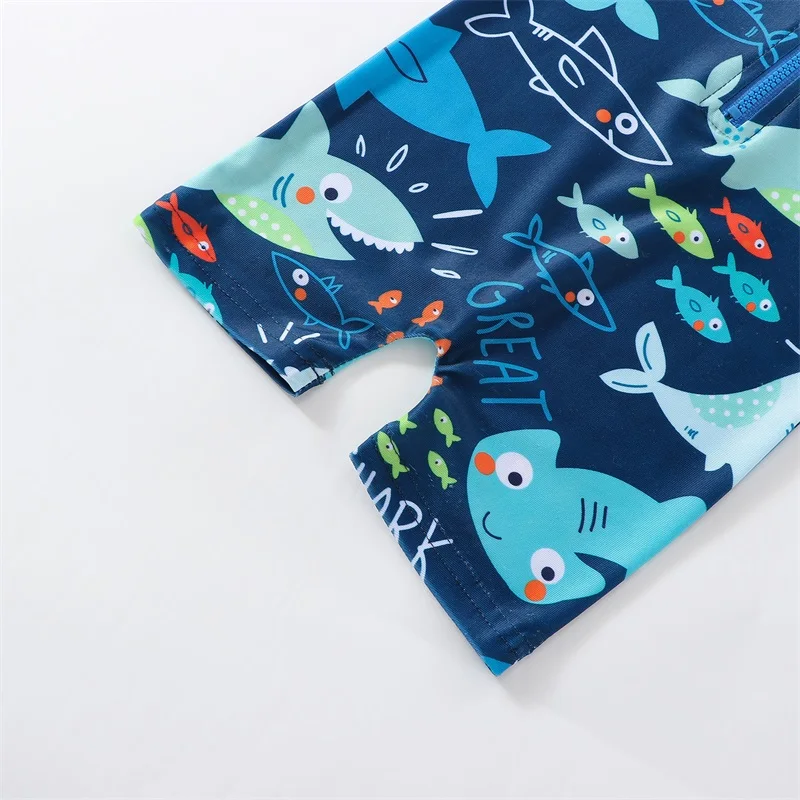 Kids Boys Summer Swimsuit Casual Shark Printed Short Sleeve Zipper Jumpsuit Swimwear Beachwear images - 6