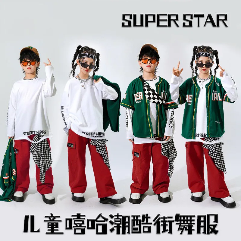 

Детская одежда для бальных танцев в стиле хип-хоп, детские зеленые свободные рубашки, брюки-карго, одежда в стиле K-POP для девочек и мальчиков
