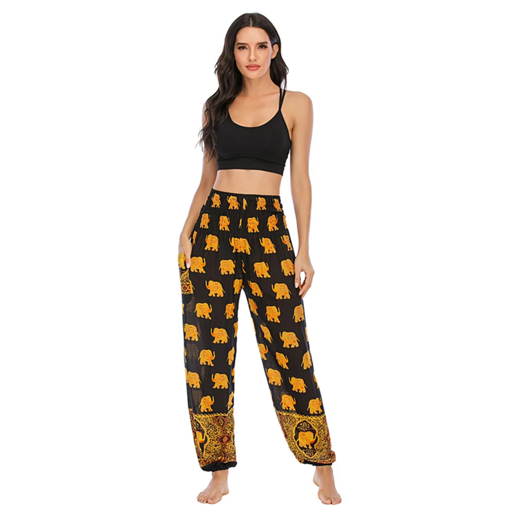 Thailand Elephant Bohemia Printed Yoga Sports Pants Elastic High Waist Lantern Trousers National Loose Casual Slacks