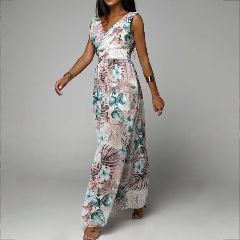 

Summer Women Chiffon Long Dresses Casual Beach Holiday Sleeveless Sexy V Neck Side Split A-line Maxi Dress Boho Print Vestidos