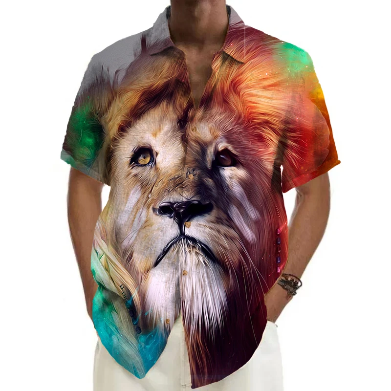 

Рубашка мужская однобортная с принтом льва, модная Роскошная повседневная кофта с длинным рукавом, гавайский кардиган, одежда
