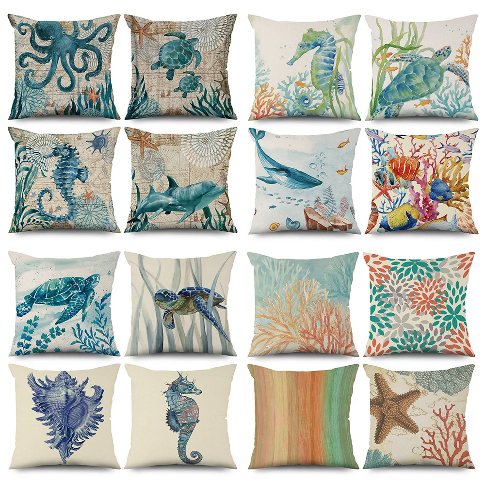 

Sea Turtle Ocean Animal Nautical Anchor Pattern Linen Throw Pillow Cushion Cover Car Home Decoration Sofa Decorative Pillowcase