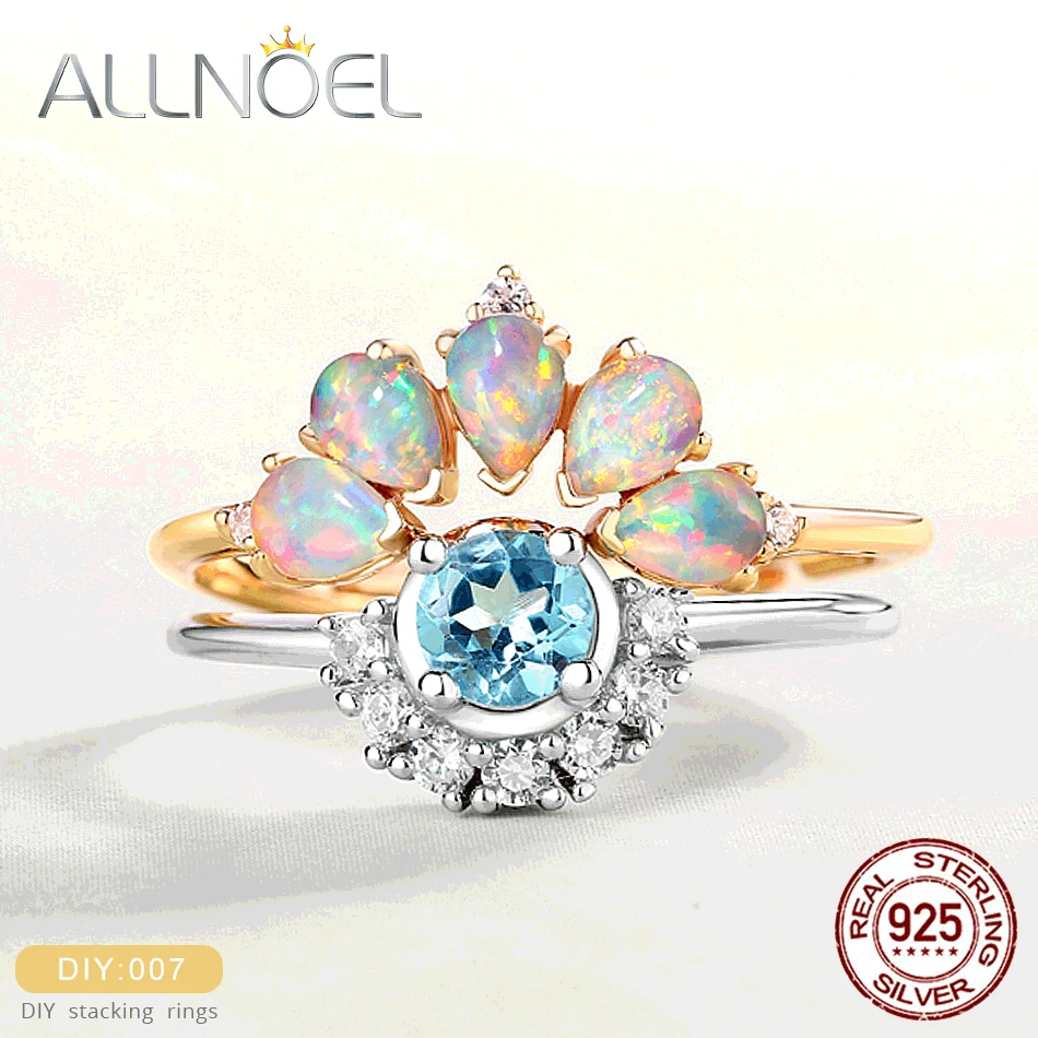 

ALLNOEL 925 Sterling Silver DIY Handmade Stacking Gold Ring for Women Natural Opal Zircon Diamond Topaz Wedding Bridal Ring Sets