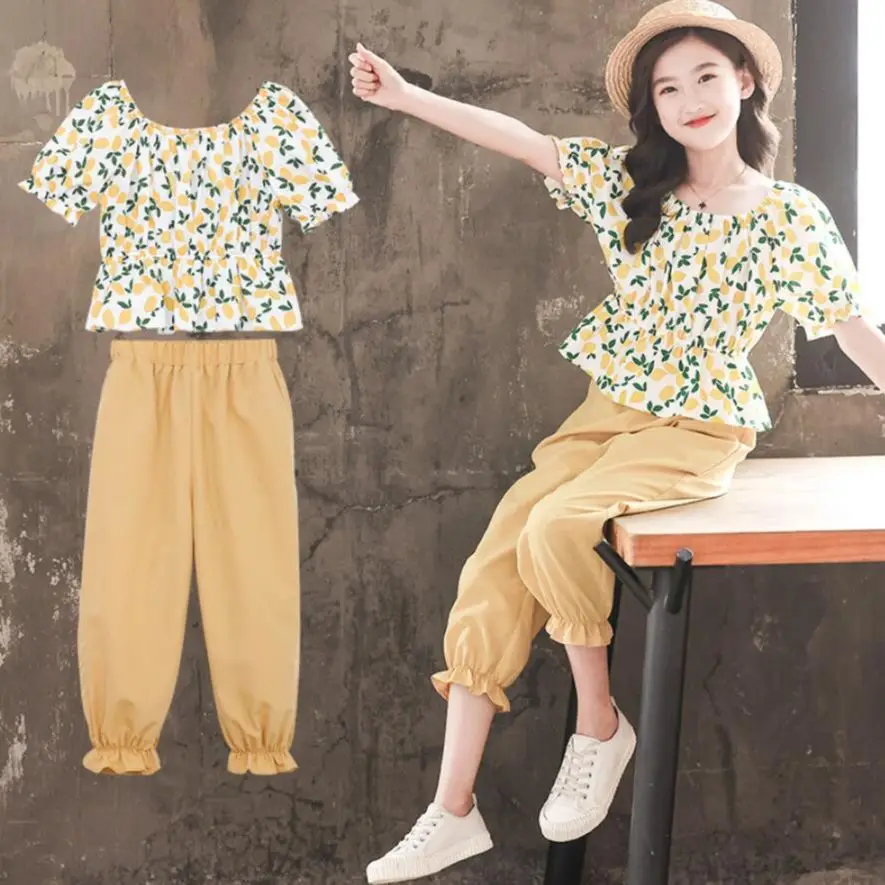

Children Clothing Summer Girls Clothes Sets Cotton Print Kids Short Sleeve T-shirt+ Plus Pants Girls Clothing 4 6 8 10 12 Years