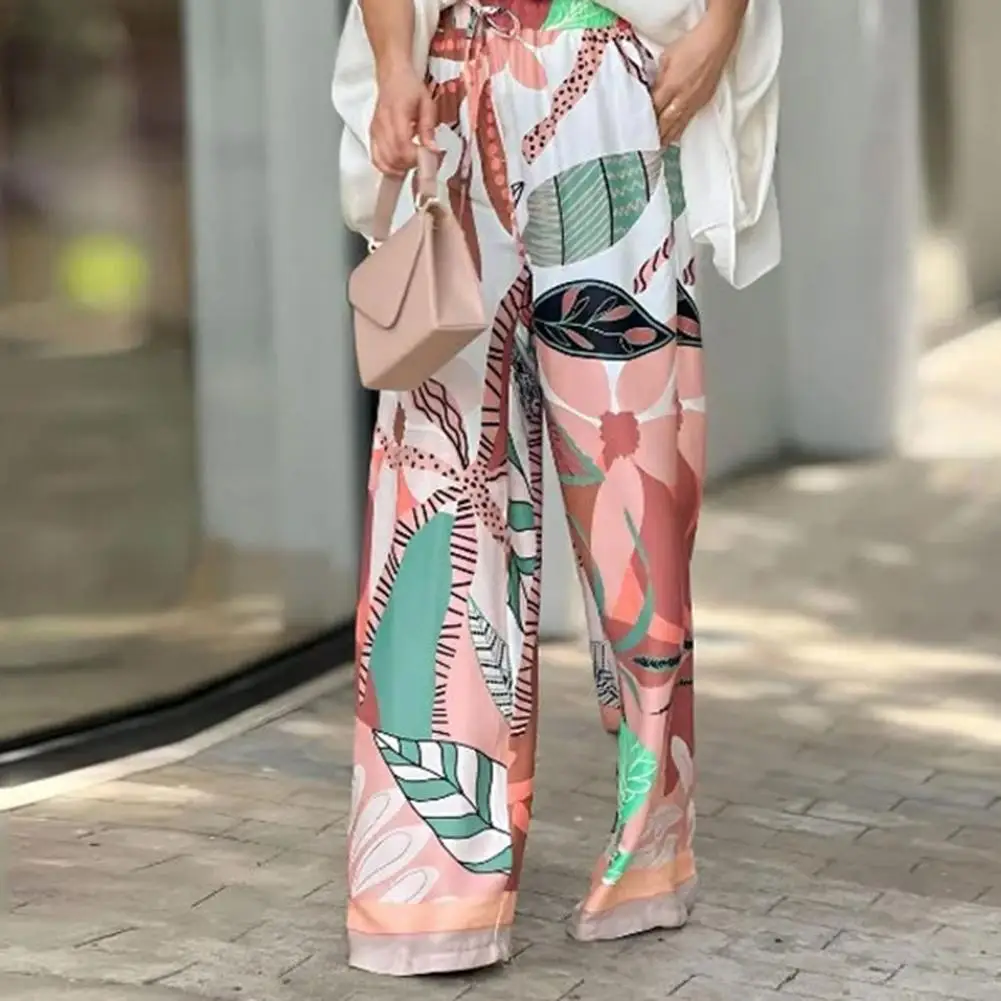 

2Pcs/Set Women Shirt Pants Set Spring Summer Office Lady Outfit V-neck Batwing Sleeve Wide Leg Printing Long Pants Set