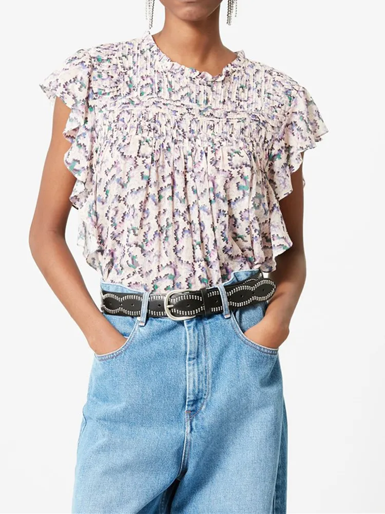 100% Cotton Women Retro Print Blouse Sleeveless Ruffles Chemise Summer 2022 Soft and Breathable Female O-neck Pleated Shirt