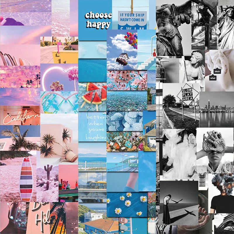 

50-62PCS/Pack Summer Limited Ins Declining City California Sunshine Blue Landscape Girl Heart Oil Painting Fresh Stickers Decor