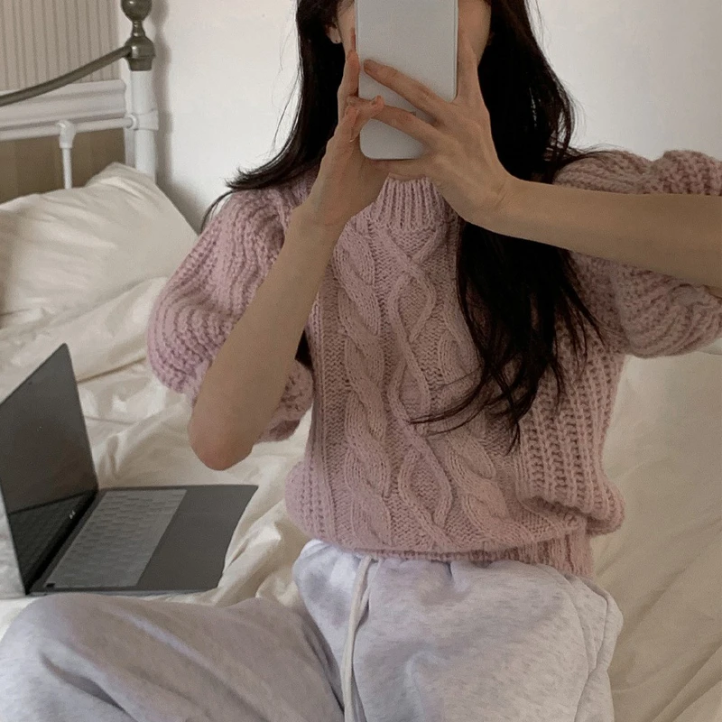 Модный Однотонный свитер с пышными рукавами укороченный топ Женский вязаный