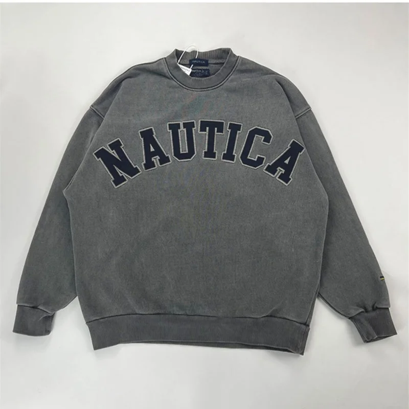 

Of NAUTICA JAPAN 22SS Embroidery Letters On Chest Round Neck Dilapidated Washing Casual Fashion Men's And women's Loose Hoodies