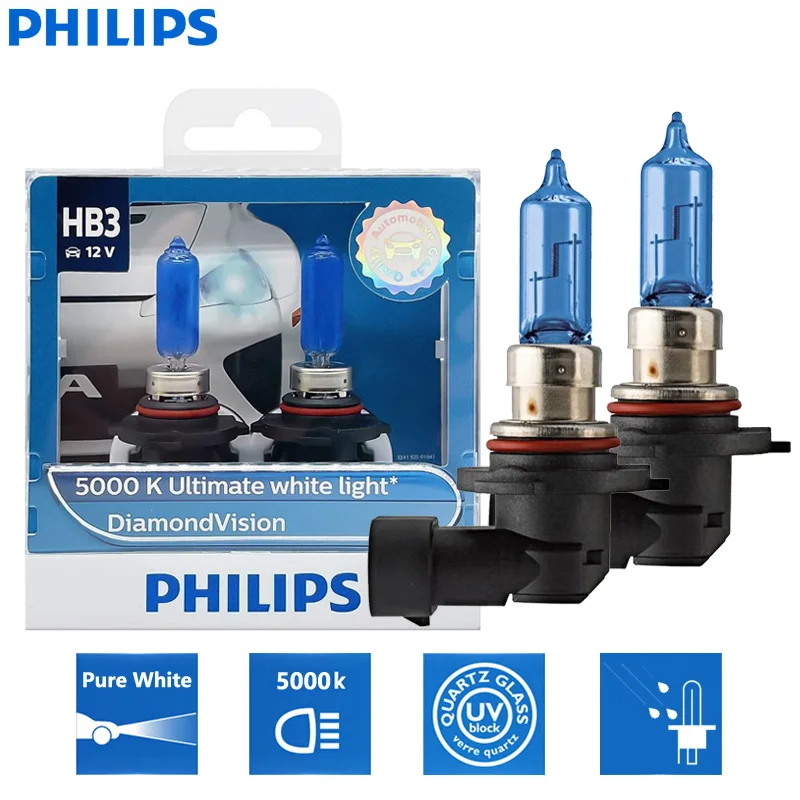 

Автомобильные галогенные лампы Philips HB3 9005 12V 60W P20d Diamond Vision 5000K Super White Light, 9005DVS2, пара