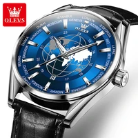olevs fashion business mens watches watch personality blue earth pattern dial leather strap quartz watch luminous waterproof