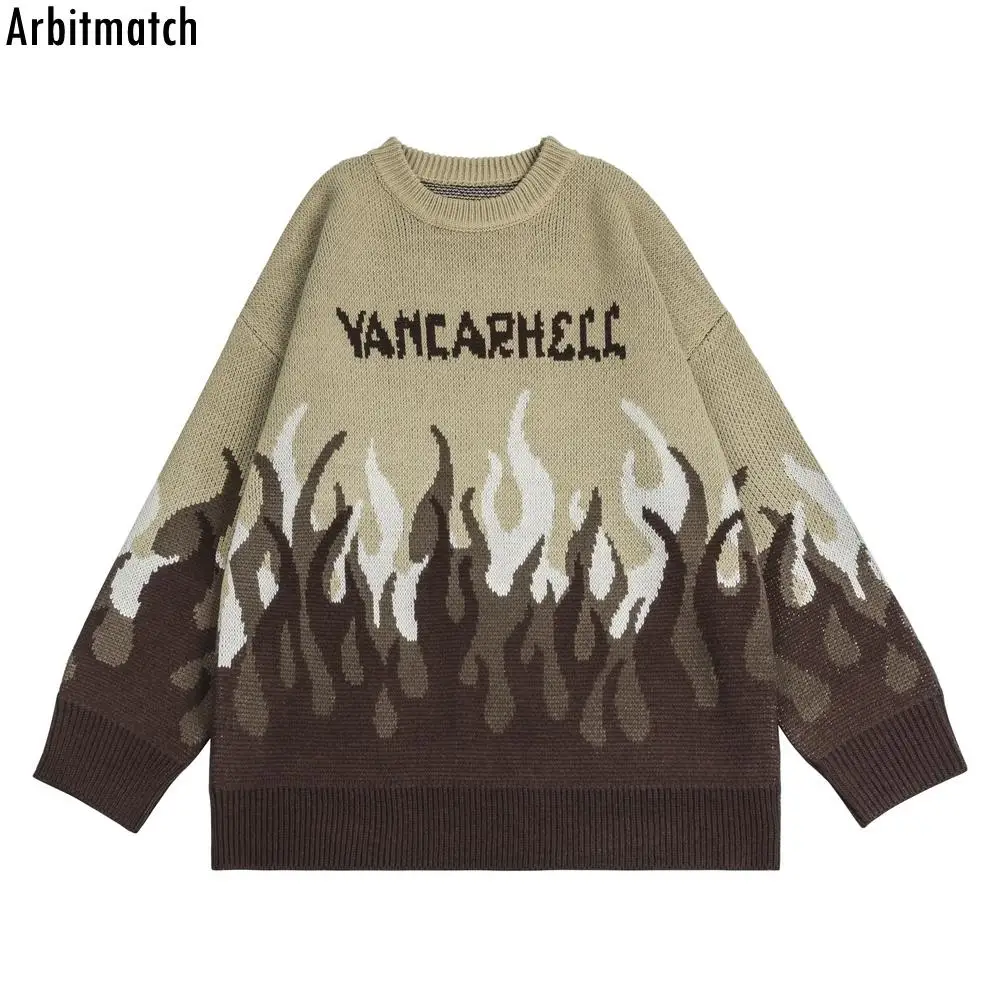 

Streetwear 2022 Hip Hop Men Sweater Retro Flame Letter Sweater Colorblock Print Knitted Sweater Vintage Hip Hop Pullover Sweater
