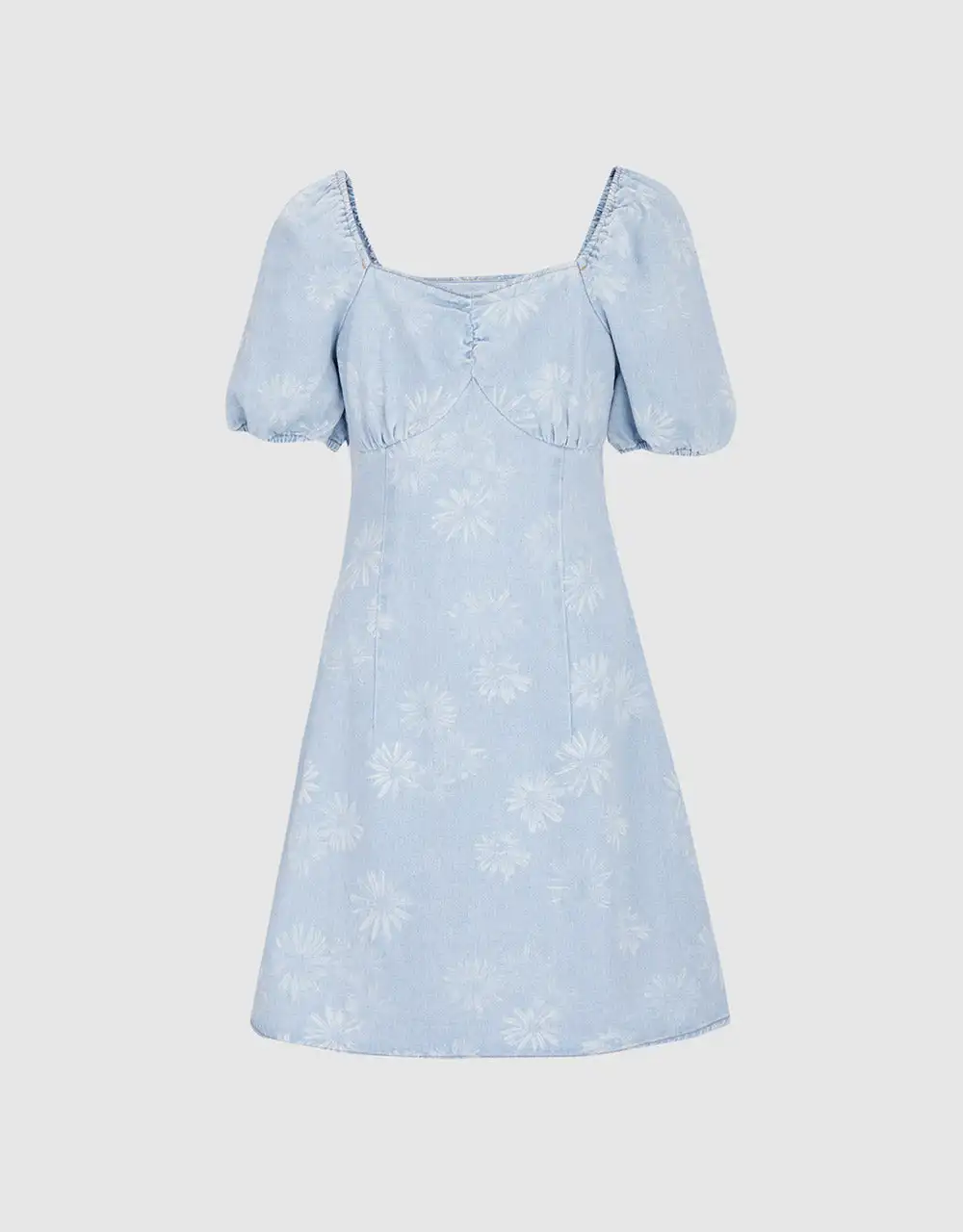 

Ruched Front Floral Print Denim Dress
