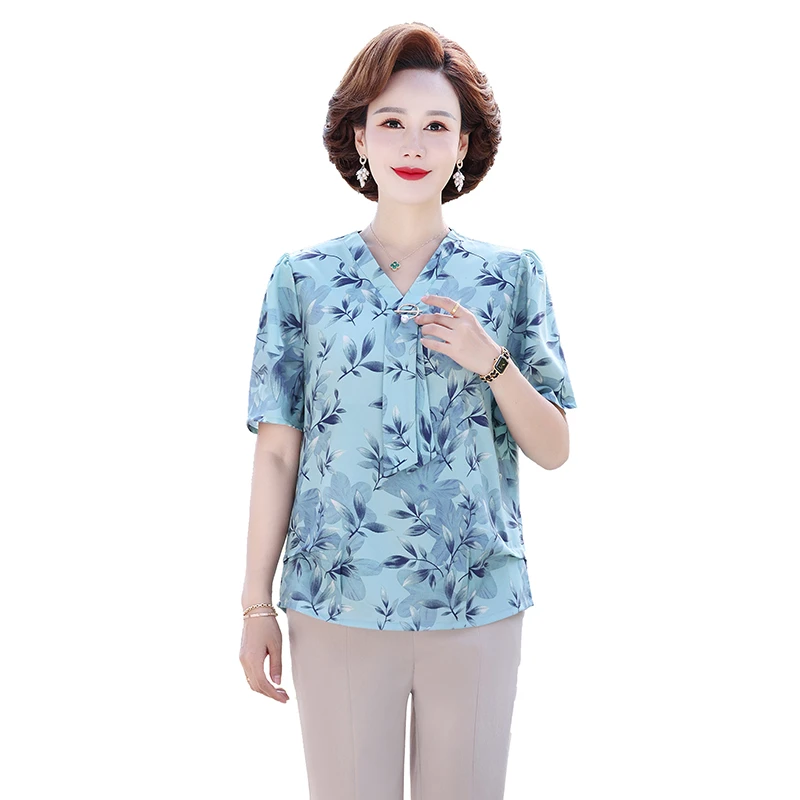 

Новая летняя шифоновая рубашка для мам, Топ для женщин среднего возраста, с принтом и коротким рукавом