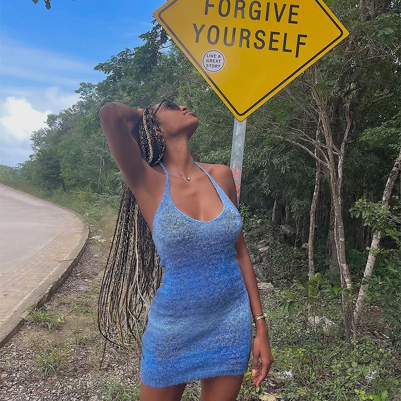 

Sexy Halter Bodycon Knitted Dress New Summer Fashion Gradient Color Mini Dress for Women 2021 Casual OL Hig Street Strap Dresses