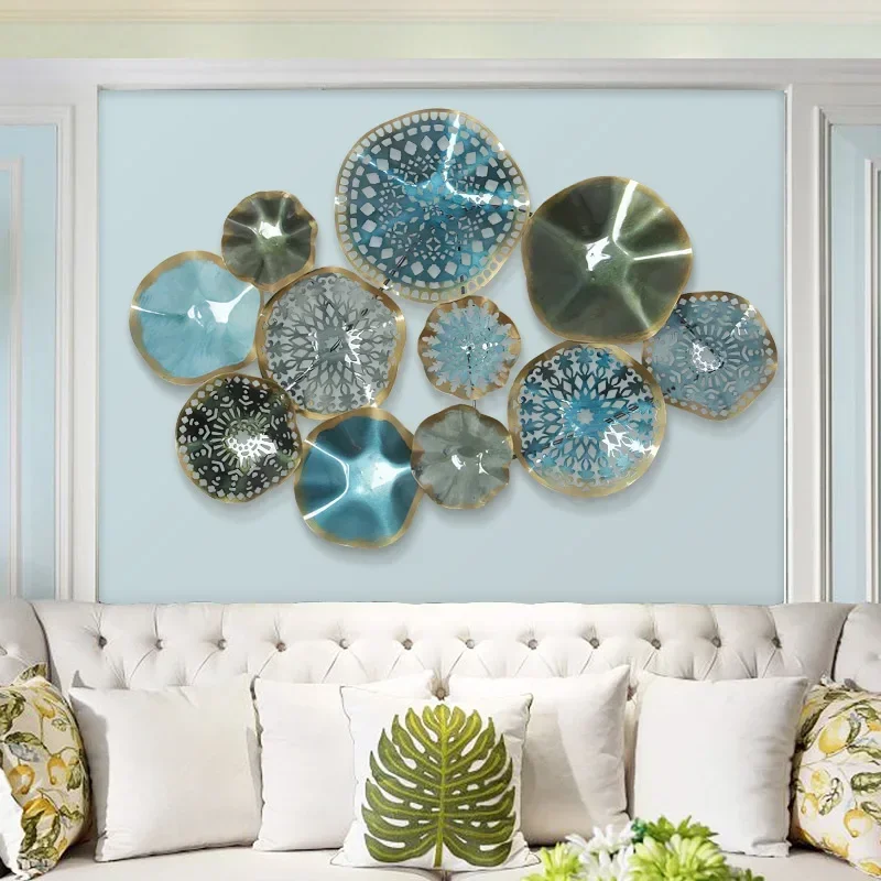 

European Creative Wall Hanging Metal Round Blue Flower Ornaments Crafts Decoration 3D Stereo Home Wall Background Sofa Mural Art