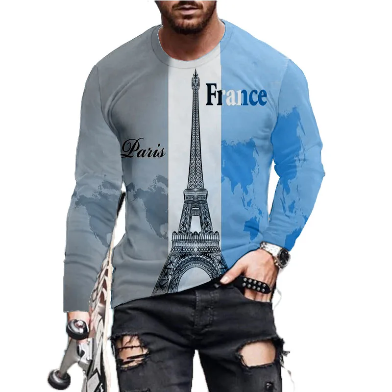 

Мужская футболка с круглым вырезом, многоцветная Футболка большого размера с цифровым 3D рисунком, французским рисунком Эйфелевой расцветк...