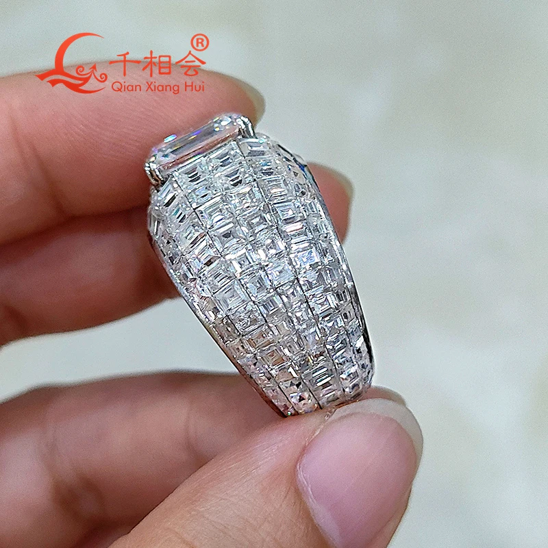 10k 14k 18k real white gold Borderless tessellation Rectangle invisible setting full Moissanite Ring Men women Male Wedding