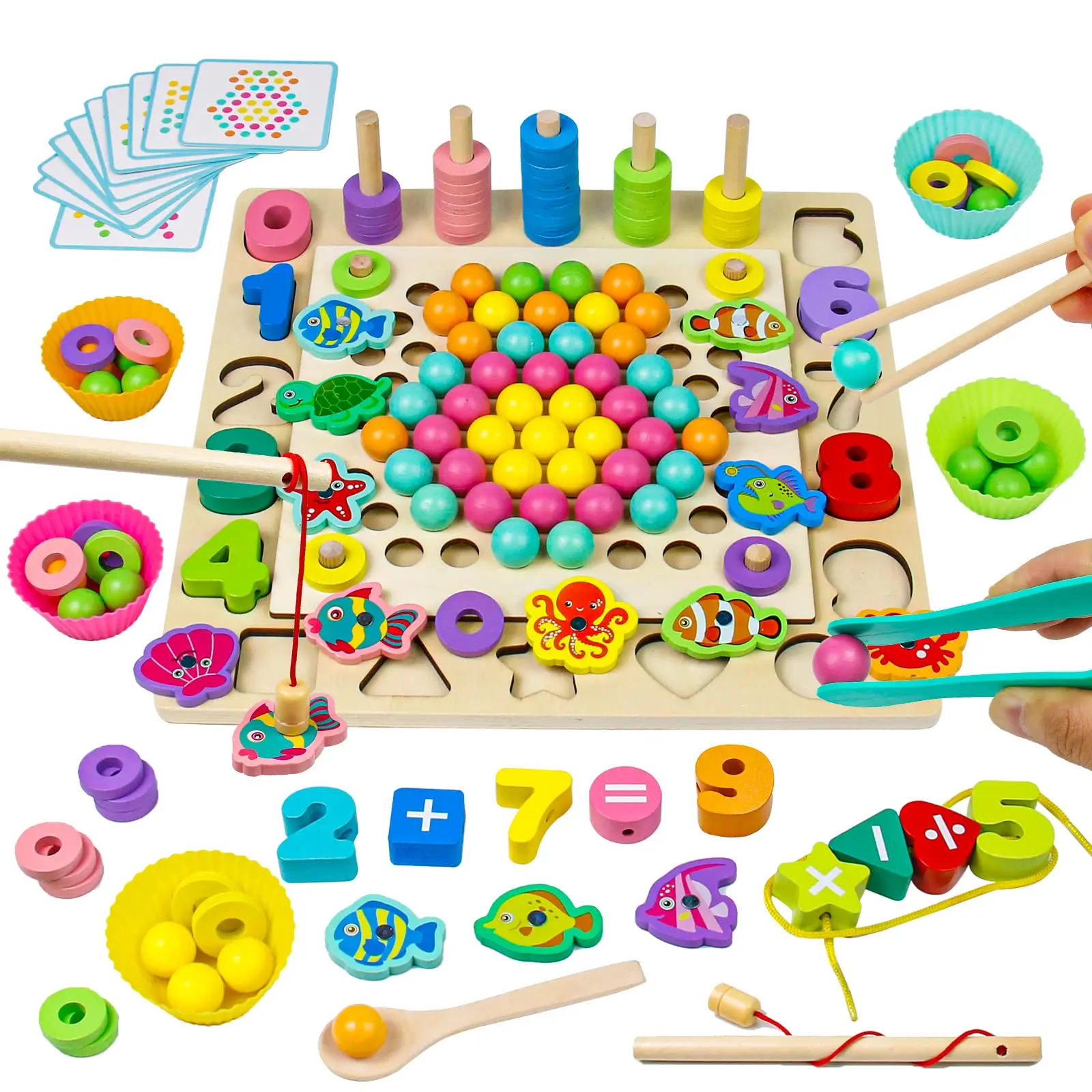 

6In1 Children Montessori Toys for 3-6Y Kids Wooden Board Bead Game Color Sorting Stacking Educational Toys Magnetic Fishing Toy