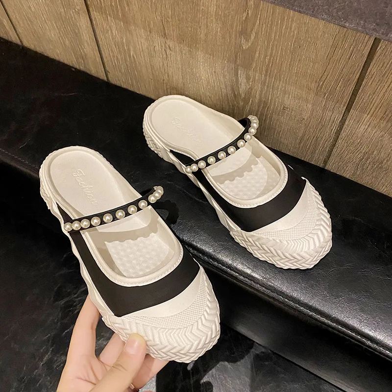 

2022 New Half-baotou Sandals, Summer Ladies Slippers, Outer Wear Flat-bottomed Heightened Thick-bottomed Lazy Drag Women