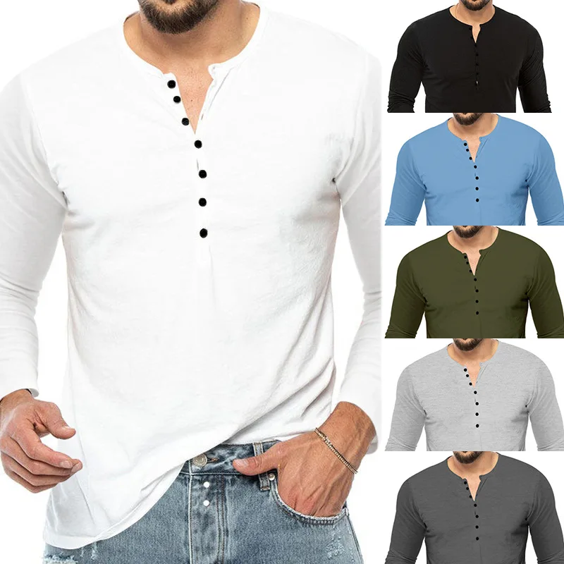 

Autumn New Mens Top Casual Henry Round Neck Long Sleeve Tshirt Men Slim Fit Sports Bottom Top for Men
