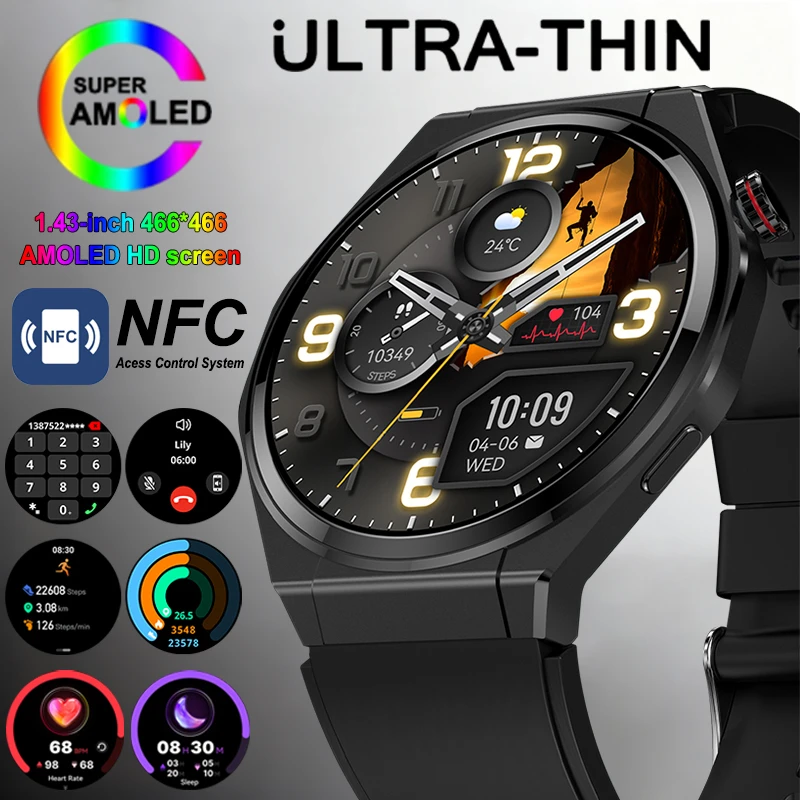 Фото Новые ультратонкие умные часы для мужчин и женщин HD AMOLED NFC 150 + спортивный монитор здоровья Bluetooth-вызов IP68 Водонепроницаемые умные часы с GPS-треком №1