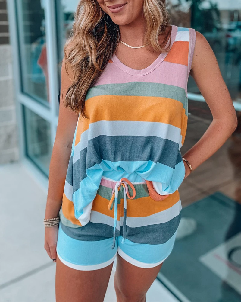 

Two-piece Set Women Casual O-neck Sleeveless Striped Vests Summer Fashion Drawstring Loose Shorts Suits