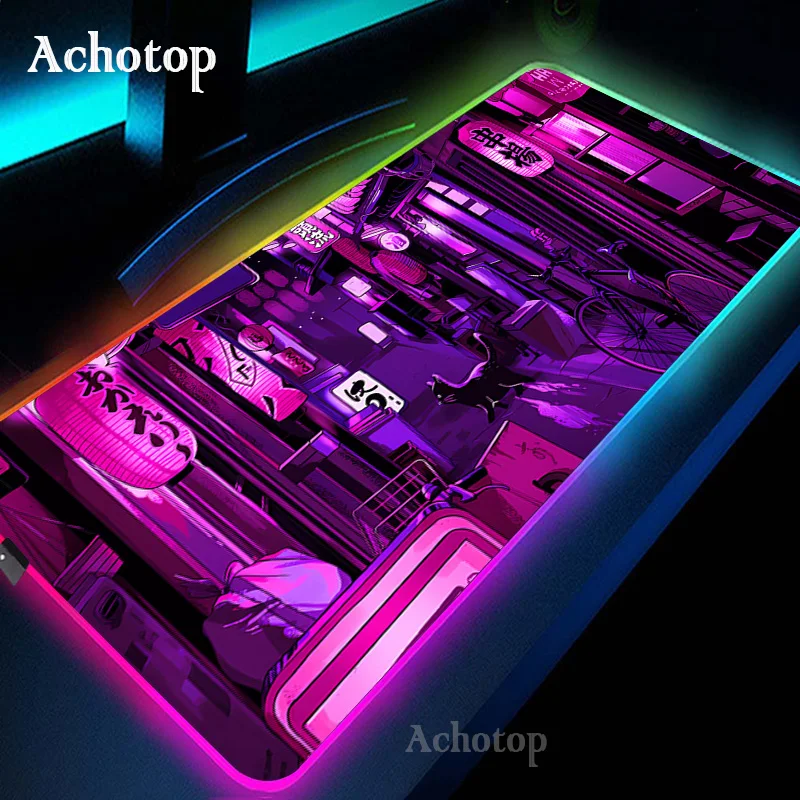 

RGB Mousepad Japanese Art HD Print Desk Mat Mouse Mat Neon City Street Rubber Large Gaming Mouse Pad Gamer Computer Mause Carpet