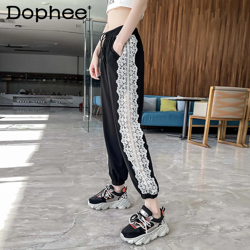 

Elegant Lace Black Casual Pants for Women 2022 New Summer Thin Straight Slimming Versatile Thin Hoodie Sweatpants Female Fashion