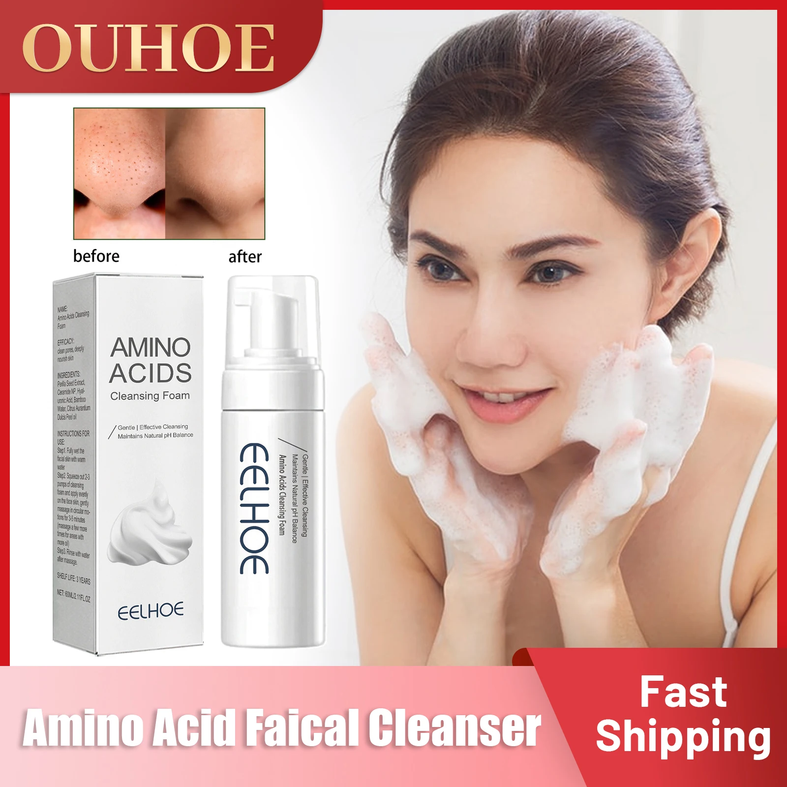 

Amino Acid Facial Cleanser Foam Oil Control Skin Brighten Foaming Mousse Deep Cleaning Shrink Pores Remove Blackhead Face Wash