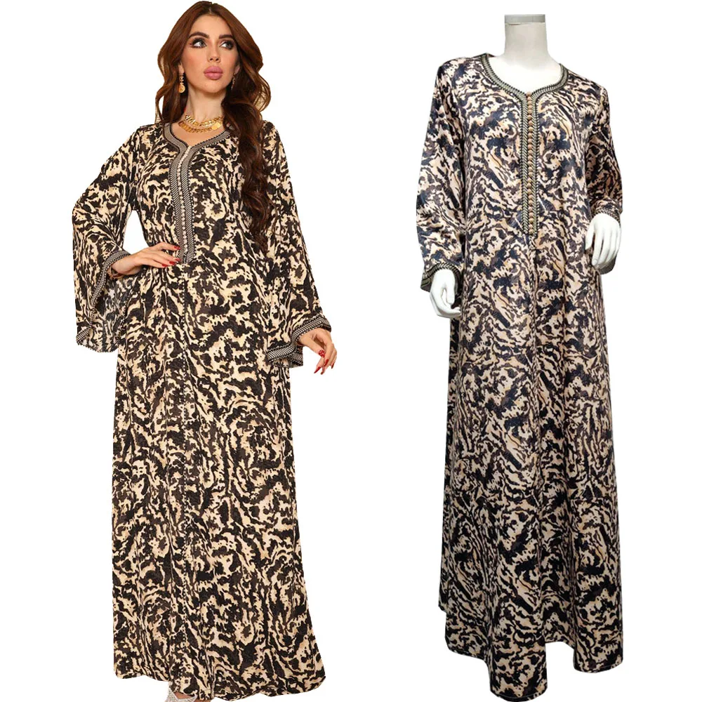 Мусульманский Леопардовый принт Jalabiya свободный хиджаб платье Рамадан ИД 2022 Дубай Abaya марокканский кафтан турецкий стиль Арабский