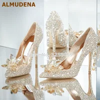 ALMUDENA Bling Bling Cinderella's Crystal Shoes Gold Siver Red Black Glittering Rhinestone Wedding Shoes Jewelry Floral Pumps