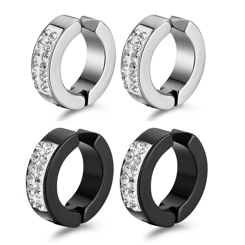 

Crystal Black Stainless Steel Hoop Earrings For Women Men Punk Zircon CZ Inlaid Non Piercing Clip Earring Jewelry Mujer Gift