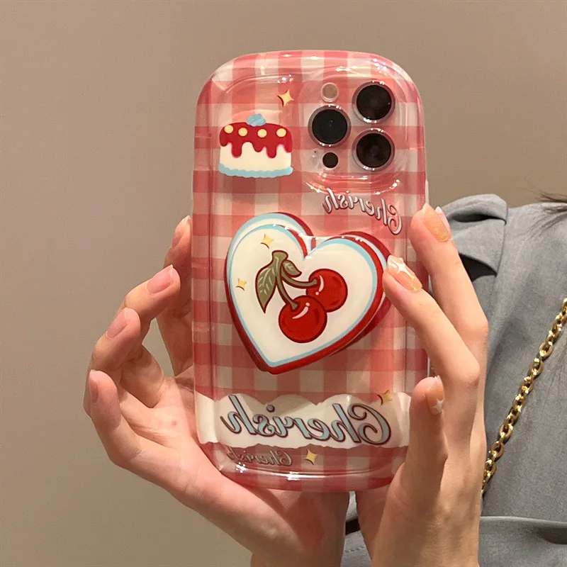 

Checkered Love Cherry Phone Case Holder for All Models of Apple Phone Case Huawei Xiaomi OPPO Vivo Samsung