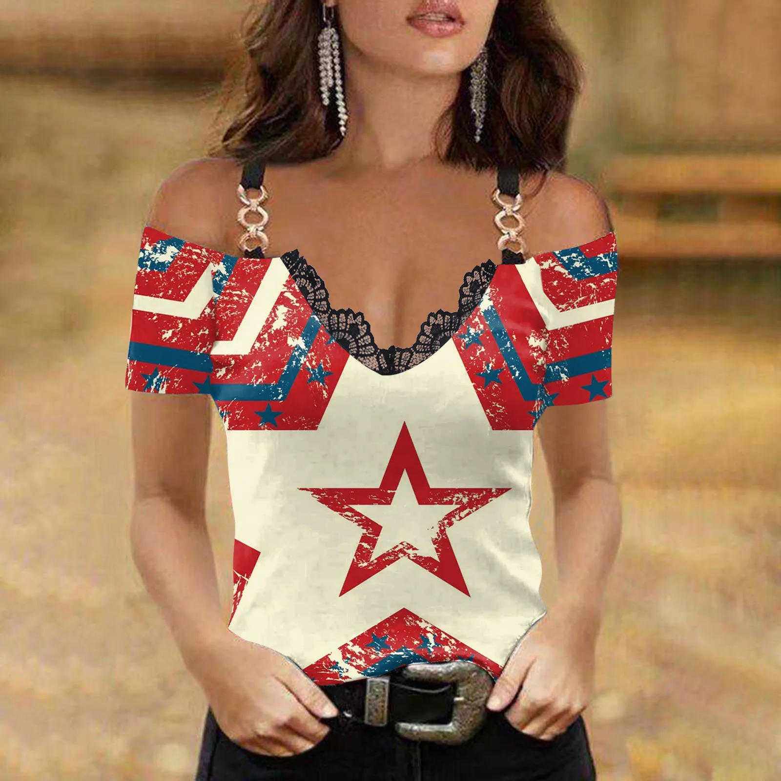 

Womens T Shirts Summer V Neck Sexy T-shirt Loose Cold Shoulder Short Sleeves Multicolored Print Tee Tops Poleras Mujer