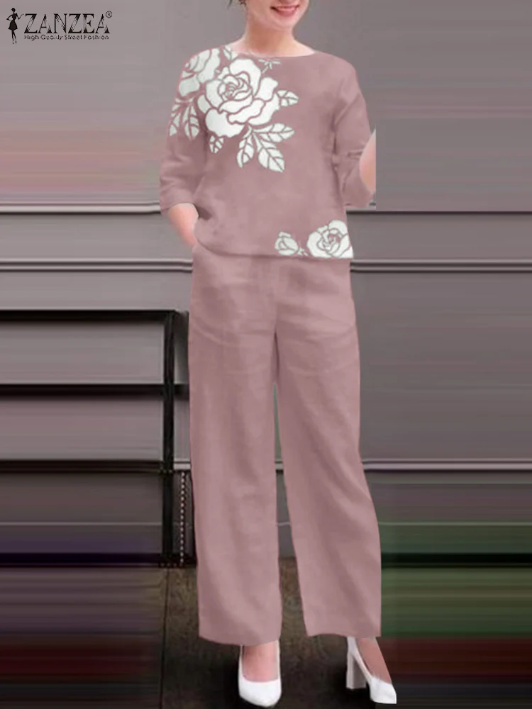 Женский костюм из блузки и брюк с цветочным принтом рукавом 3/4