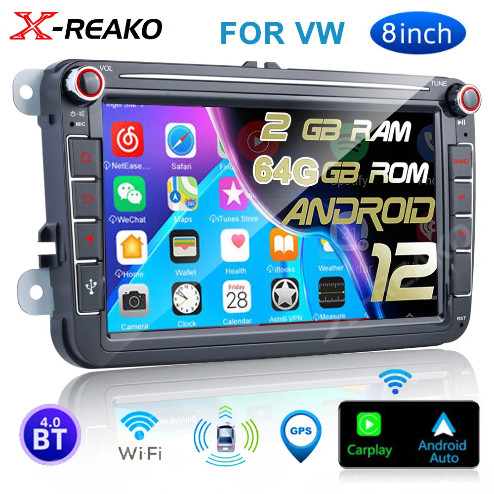 

Автомобильный мультимедийный плеер X-REAKO 2 + 64 ROM 2 Din Android 12 Carplay автомобильное стерео видео GPS WiFi Универсальный 2USB для Volkswagen VW Golf
