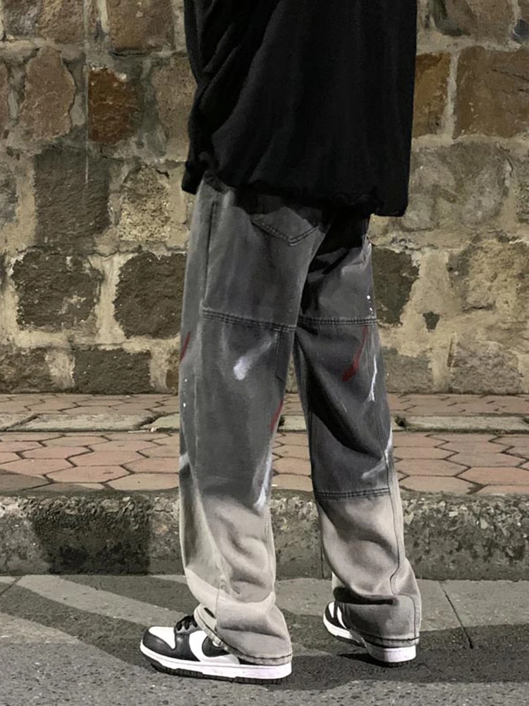 Four Seasons Men Jeans High Street Graffiti Embroidery Gradient Loose Versatile Straight Casual Pants Fashion Hip Hop Streetwear