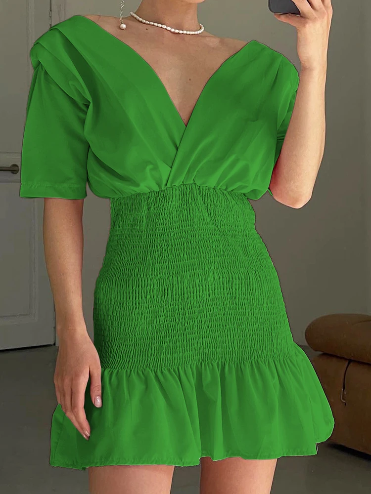 

Зеленое платье-труба Alinemyer с глубоким V-образным вырезом, короткие рукава, плечевые накладки, мини-платье с рюшами, Сексуальные вечерние плат...