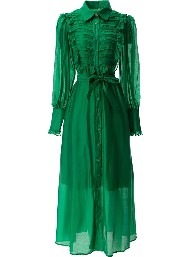 

Женское однобортное платье с отложным воротником LD LINDA DELLA, повседневное длинное зеленое платье с поясом и оборками на весну