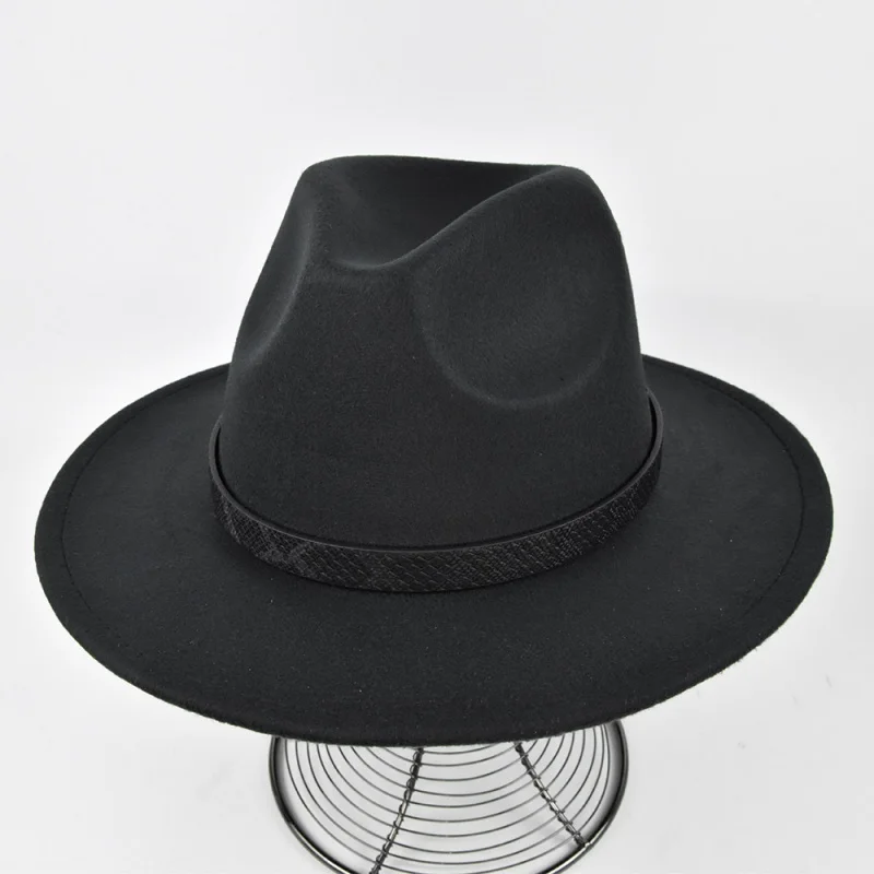 

New Snake Pattern Woolen Hat Fedora Hat Retro Black Wool Fedora Hat Flat Brim Broad-Brimmed Hat Batch Order