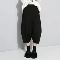 autumn women wide leg pants 2022 casual elastic waist cross pants calf length for lady drop crotch streetwear trousers