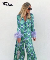 elegant printing long sleeve with feathers shirt tops and wide leg pants women 2 pieces set 2022 casual chic street youth suits