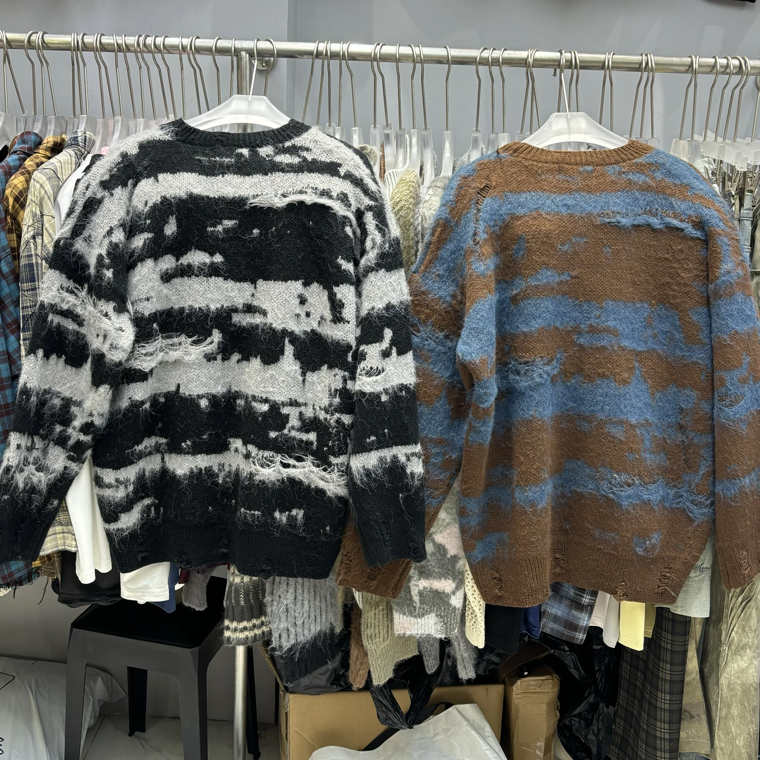Sweater Men's Autumn and Winter New Gradient Yarn-Dyed Contrast Color Patchwork round Neck Idle Sle Fleece Blended Thickene...
