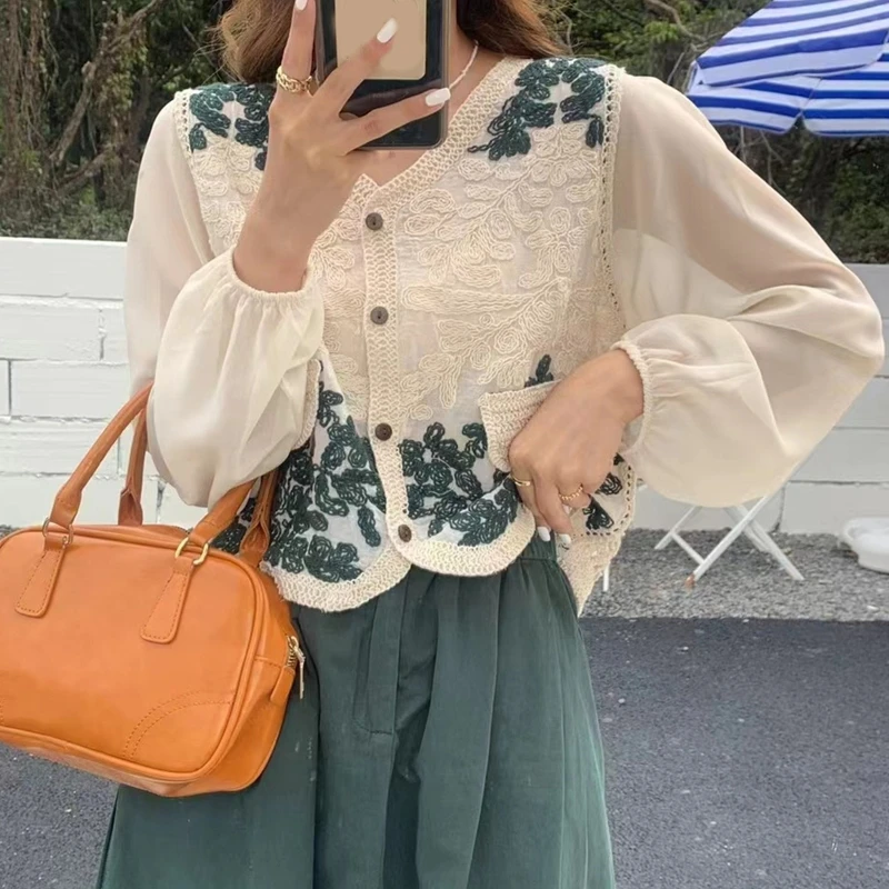 

Women Chiffon Lantern Sleeve Blouse Cardigan Embroidery Crochet Floral Crop Coat