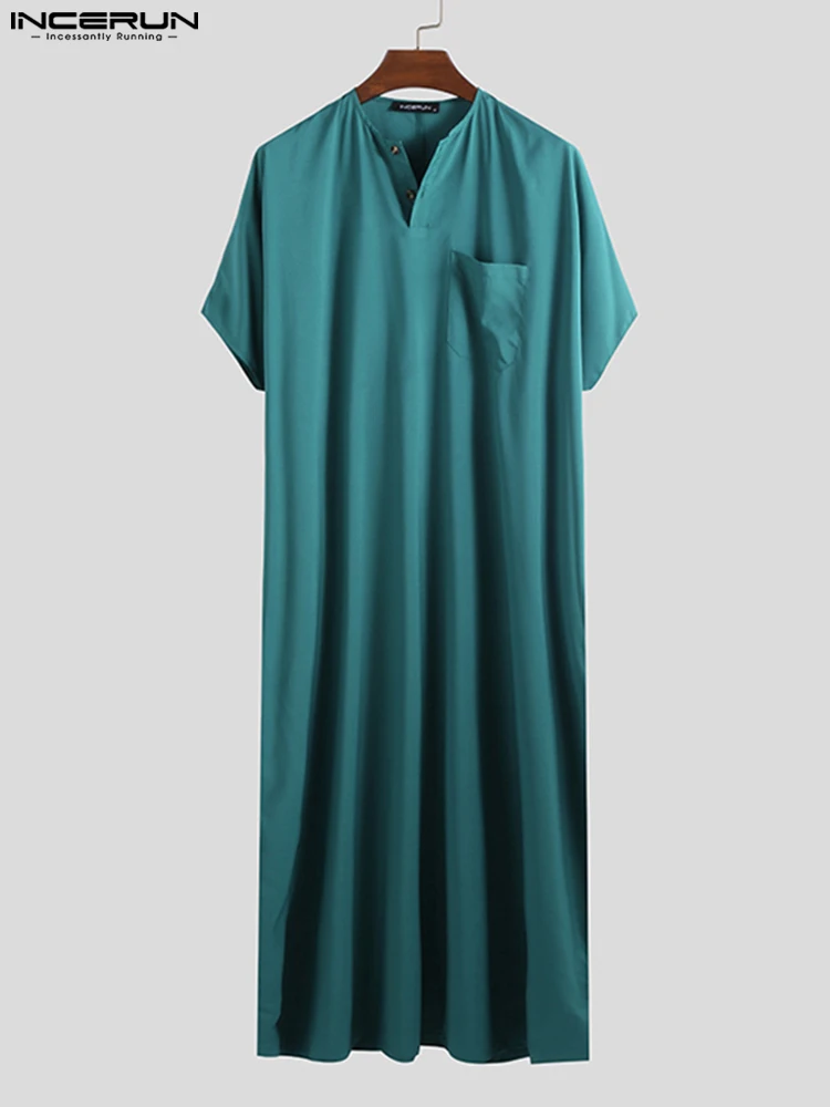 INCERUN 2023 Men's Long Top Ethnic Robes Loose Half Sleeve Thin Dress Kaftan Solid Comfortable Crew Lounge Gown Masculina S-5XL