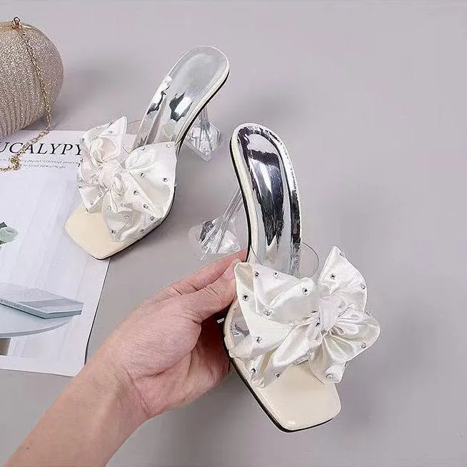 Summer 2022 New Crystal High Heels Women Slippers Slides for Women Fashion Fine-heeled Open-toed Big Flowers Slippers Woman
